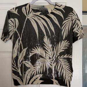 Guess Green and Cream Leaf Sequin Top Size S